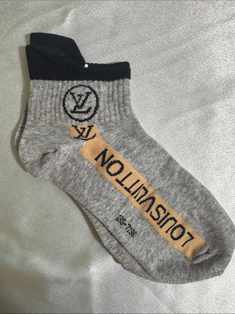 New! Louis Vuitton Grey, Black & Tan Logo Ankle Socks